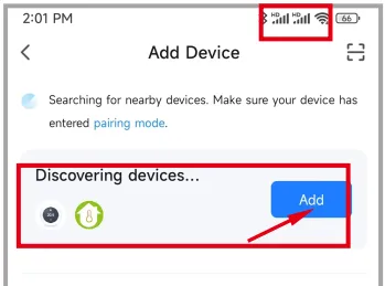 Screen for discovering nearby devices in the app, with the “Add” button highlighted