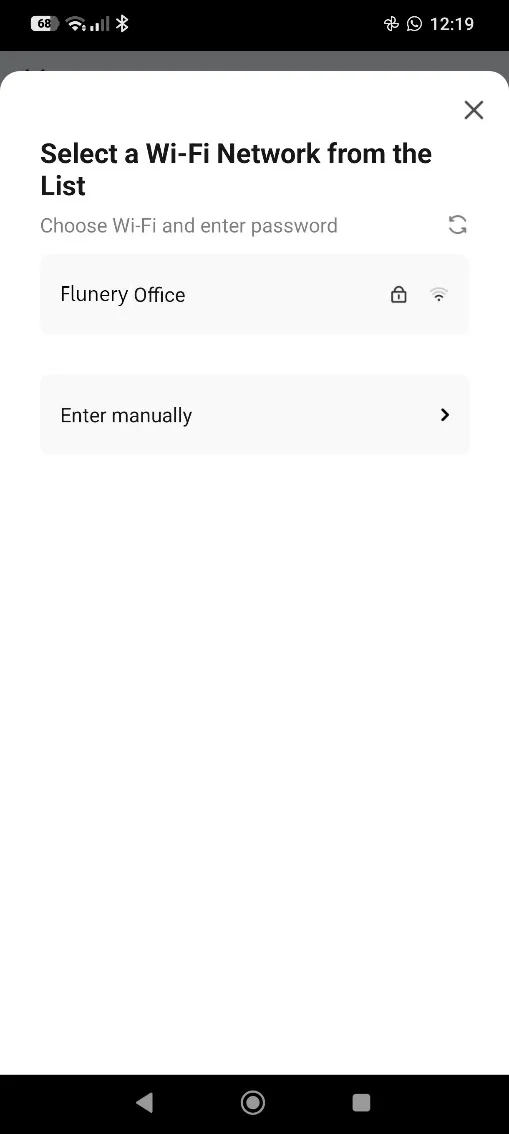 Screen for selecting a Wi-Fi network from a list on the mobile phone