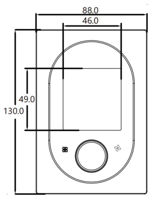 Dimension diagram of the thermostat’s front view, 88 by 130 mm