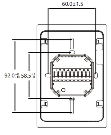 Dimension diagram of the wall box, with screw positions and the contact strip