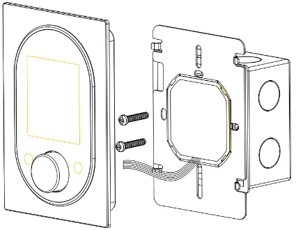 Exploded diagram of the complete installation: display panel, base plate, wall box and screws